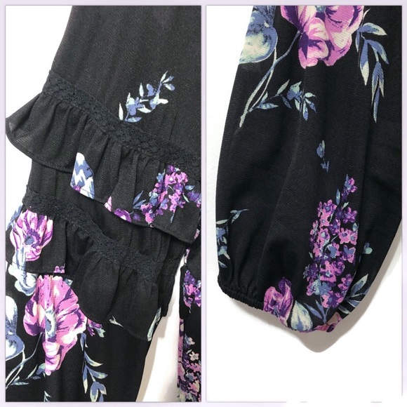 STYLE & CO Black Floral Ruffle Sleeve Boho Top XL - Picture 12 of 16